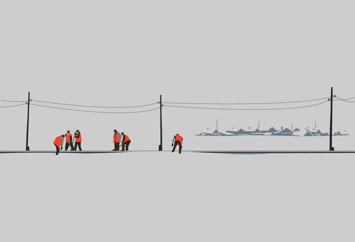 graphic art, orange vests