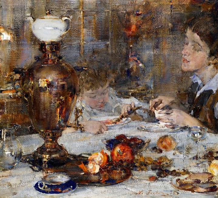Nikolai Fechin, paiting, russian art, breakfast, samovar, family