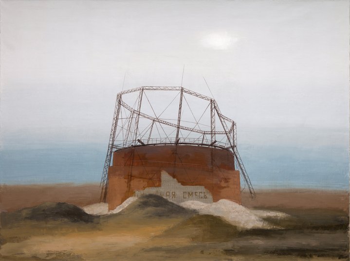 painting, realism, industrial, ruins, gas holder