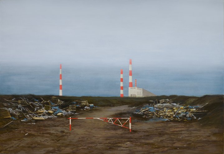 painting, realism, industrial, ruins, barrier