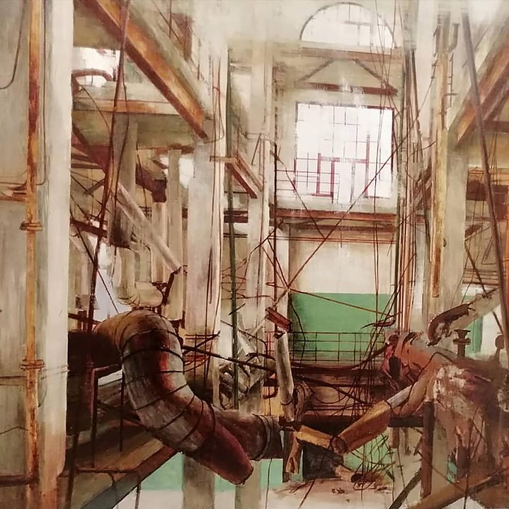 painting, realism, industrial, ruins, brutalism, architecture