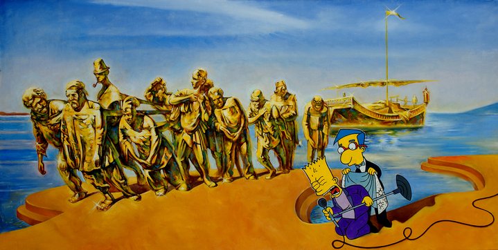 Boat-Towers, russian painting, pop-art, simpsons